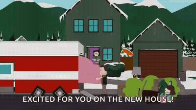 Cartoon Man Standing In Front Of House With Mountains GIF