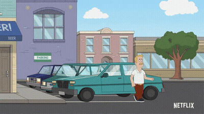 Cartoon Man Standing In Front Of Parking Lot GIF