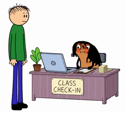 Cartoon Man Standing Next To Desk Saying Class Check In GIF