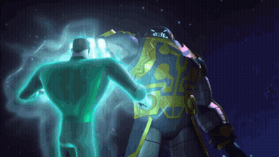 Cartoon Man Standing Next To Glowing Robot GIF