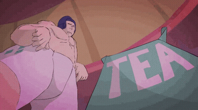 Cartoon Man Standing Next To Tea Sign GIF