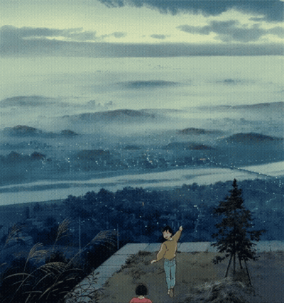 Cartoon Man Standing On Hill Overlooking River GIF