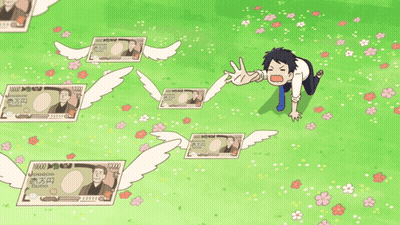 Cartoon Man Surrounded By Flying Japanese Money GIF