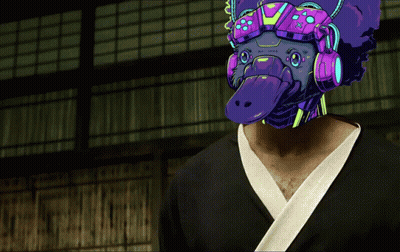Cartoon Man Wearing Robotic Mask GIF