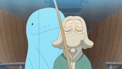 Cartoon Man With Beard And Blue Whale Behind Him GIF