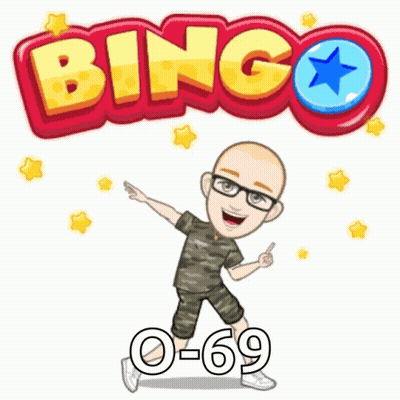 Cartoon Man With Bingo 0-69 Sign GIF