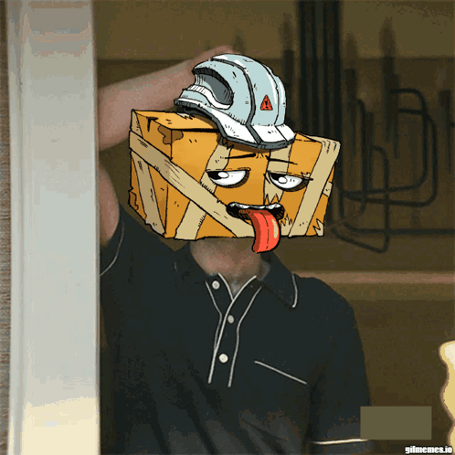 Cartoon Man With Box On Head And Hard Hat GIF