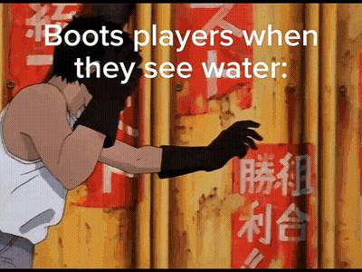 Cartoon Man With Gloves Saying Boots Players When They See Water GIF