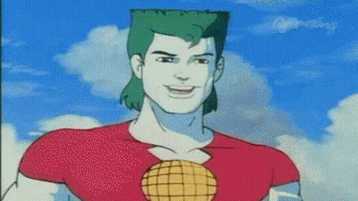 Cartoon Man With Green Hair And Globe On Chest GIF