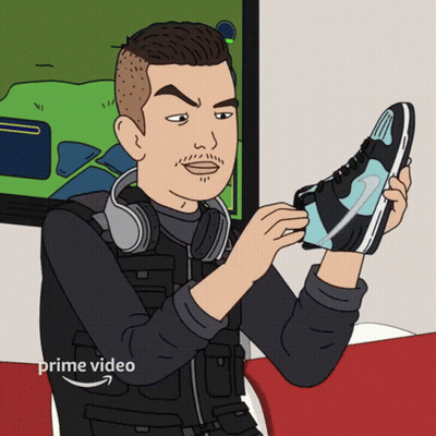 Cartoon Man With Headphones Holding Nike Sneakers GIF
