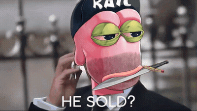 Cartoon Man With Knife In Mouth Saying He Sold GIF