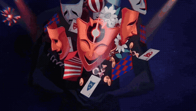 Cartoon Man With Mask And Playing Cards On Neck GIF