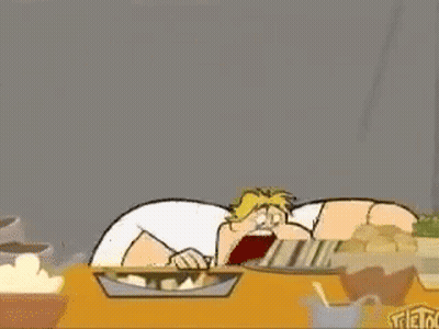 Cartoon Man With Mustache Holding Food At Table GIF