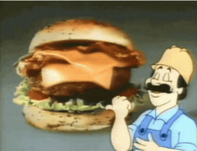 Cartoon Man With Mustache Next To Hamburger GIF
