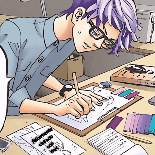 Cartoon Man With Purple Hair Writing Felizmente Cuidado Con GIF