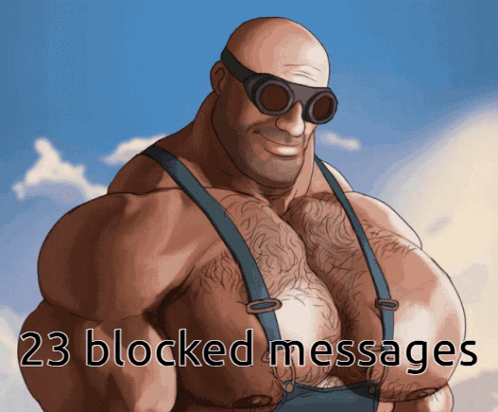 Cartoon Man With Suspenders And Goggles And 23 Blocked Messages GIF