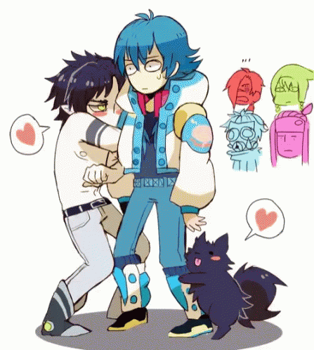 Cartoon Men Hugging With Dog Behind GIF