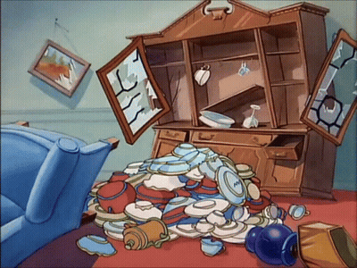 Cartoon Messy Room Hutch With Plates And Cups GIF