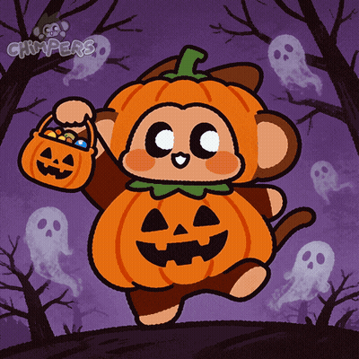 Cartoon Monkey Dressed As Pumpkin Holding Candy Bucket GIF