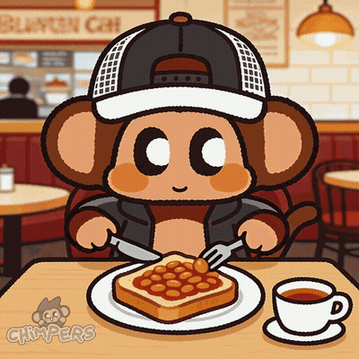 Cartoon Monkey Eating Beans On Toast With Coffee GIF