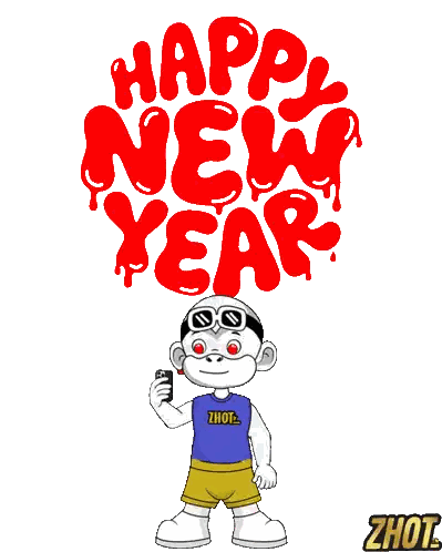 Mono caricatura sosteniendo celular frente a cartel de Feliz Año Nuevo Sticker