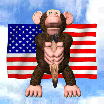 Cartoon Monkey Holding Feather in Front of Flag