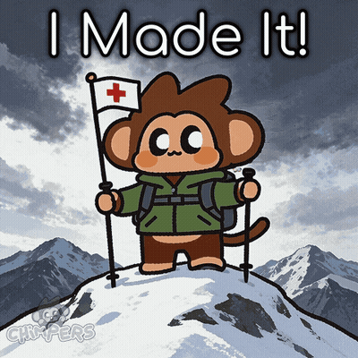 Cartoon Monkey Holding Flag On Snowy Mountain Saying I Made It GIF