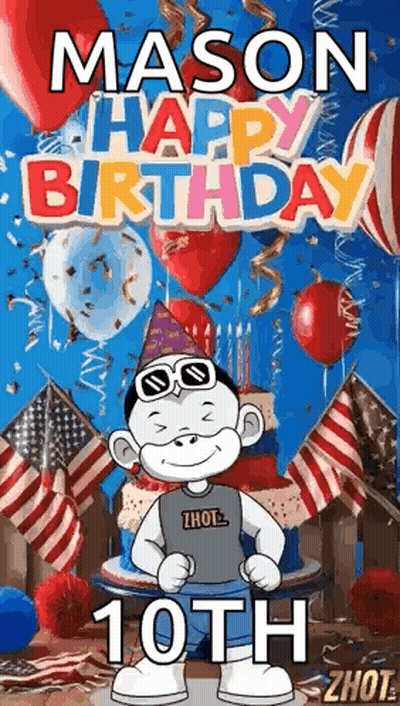Cartoon Monkey In Front Of Cake And Balloons GIF