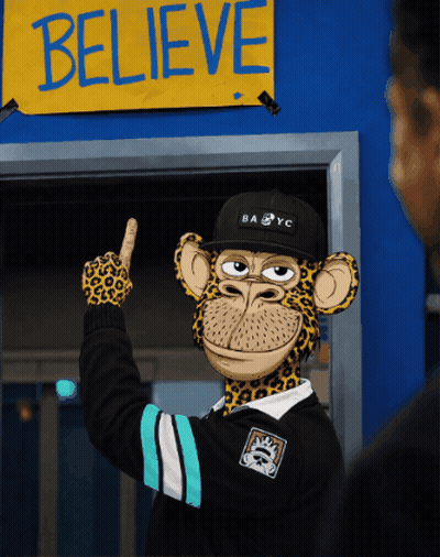 Cartoon Monkey Pointing Up At Believe Sign GIF