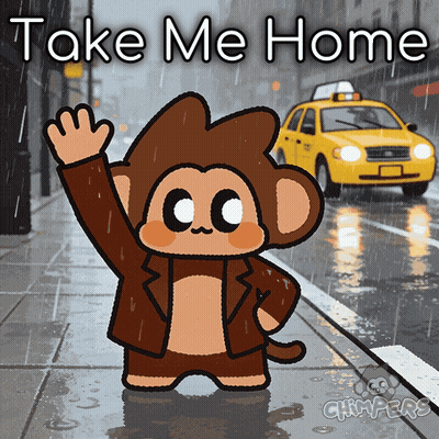 Cartoon Monkey Saying Take Me Home In Front Of Yellow Taxi GIF