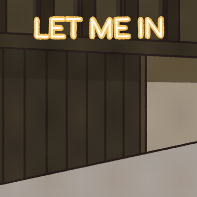 Cartoon Monkey Standing In Front Of Let Me In Sign GIF