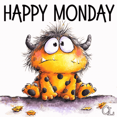 Cartoon Monster With Horns Sits On Branch Saying Happy Monday GIF