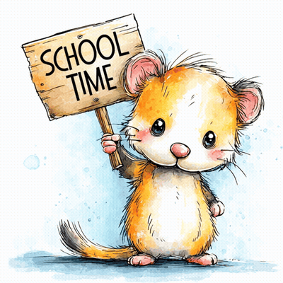 Cartoon Mouse Holding Sign Saying School Time GIF