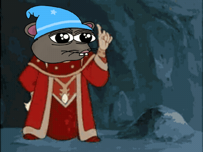 Cartoon Mouse In Blue Hat Red Robe Holding Sword GIF