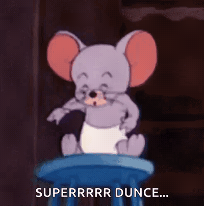Cartoon Mouse In Diaper On Blue Stool Saying Superrrr Dunce GIF