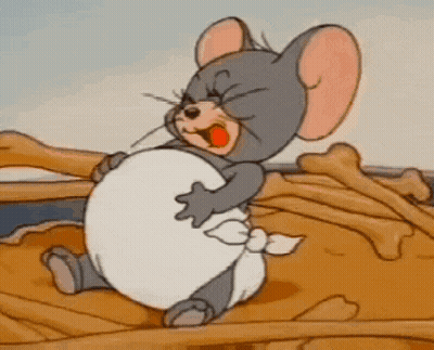 Cartoon Mouse Sitting On Bones Holding Belly GIF