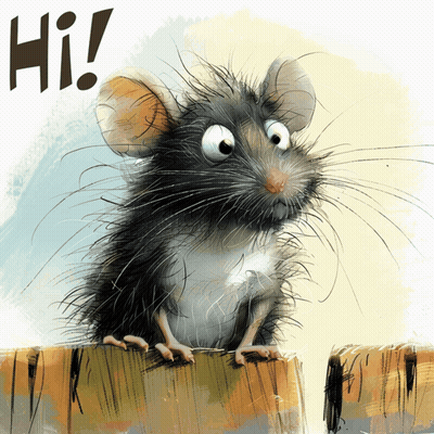 Cartoon Mouse Sitting on Wooden Post Saying Hi