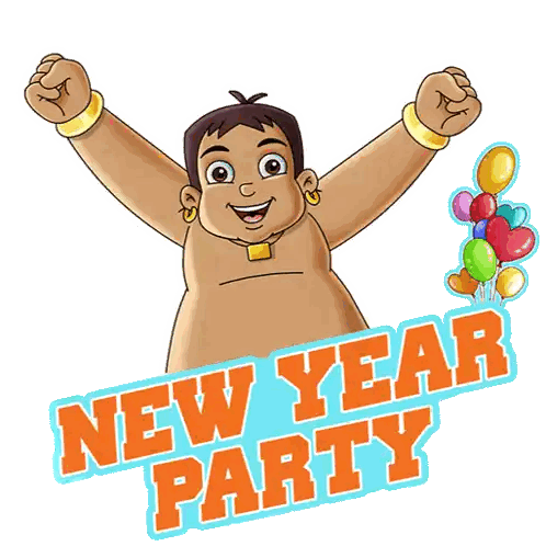 Cartoon New Year Party With Balloons And Cake Sticker