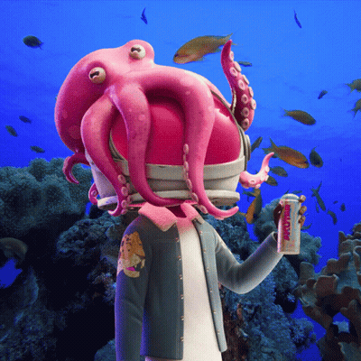 Cartoon Octopus Head Holding Energy Can GIF
