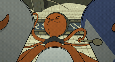 Cartoon Octopus Sitting In Front Of Sign Saying RS AV GIF