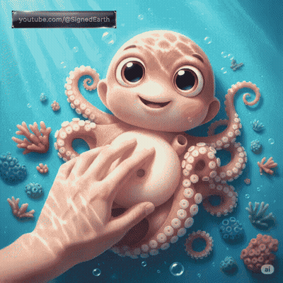 Cartoon Octopus Touched By Hand In Ocean GIF