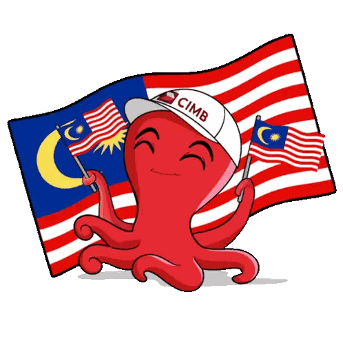 Cartoon Octopus Wearing Cimb Hat Holding Malaysian Flag Sticker