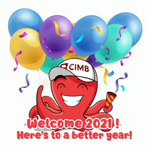 Cartoon Octopus With Cimb Hat Holding Balloons Welcome 2021 GIF