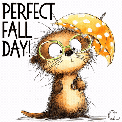 Cartoon Otter Holding Umbrella Perfect Fall Day GIF
