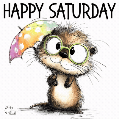 Cartoon Otter With Glasses And Umbrella Saying Happy Saturday GIF