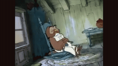 Cartoon Owl In Rocking Chair With Honey Pot GIF