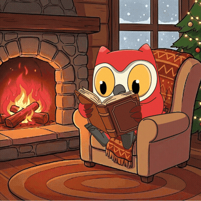 Cartoon Owl Reading Book By Fireplace GIF