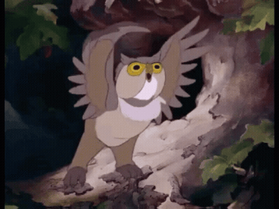 Cartoon Owl With Yellow Eyes On Tree Branch GIF