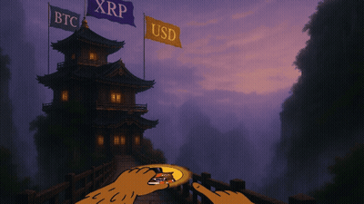 Cartoon Pagoda With BTC XRP And USD Flags GIF