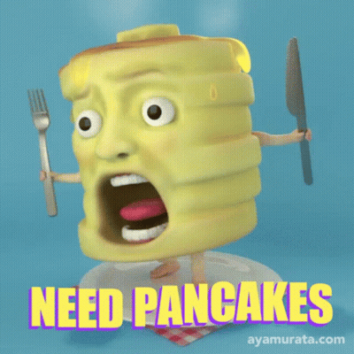 Cartoon Pancake Holding Fork And Knife Saying Need Pancakes GIF